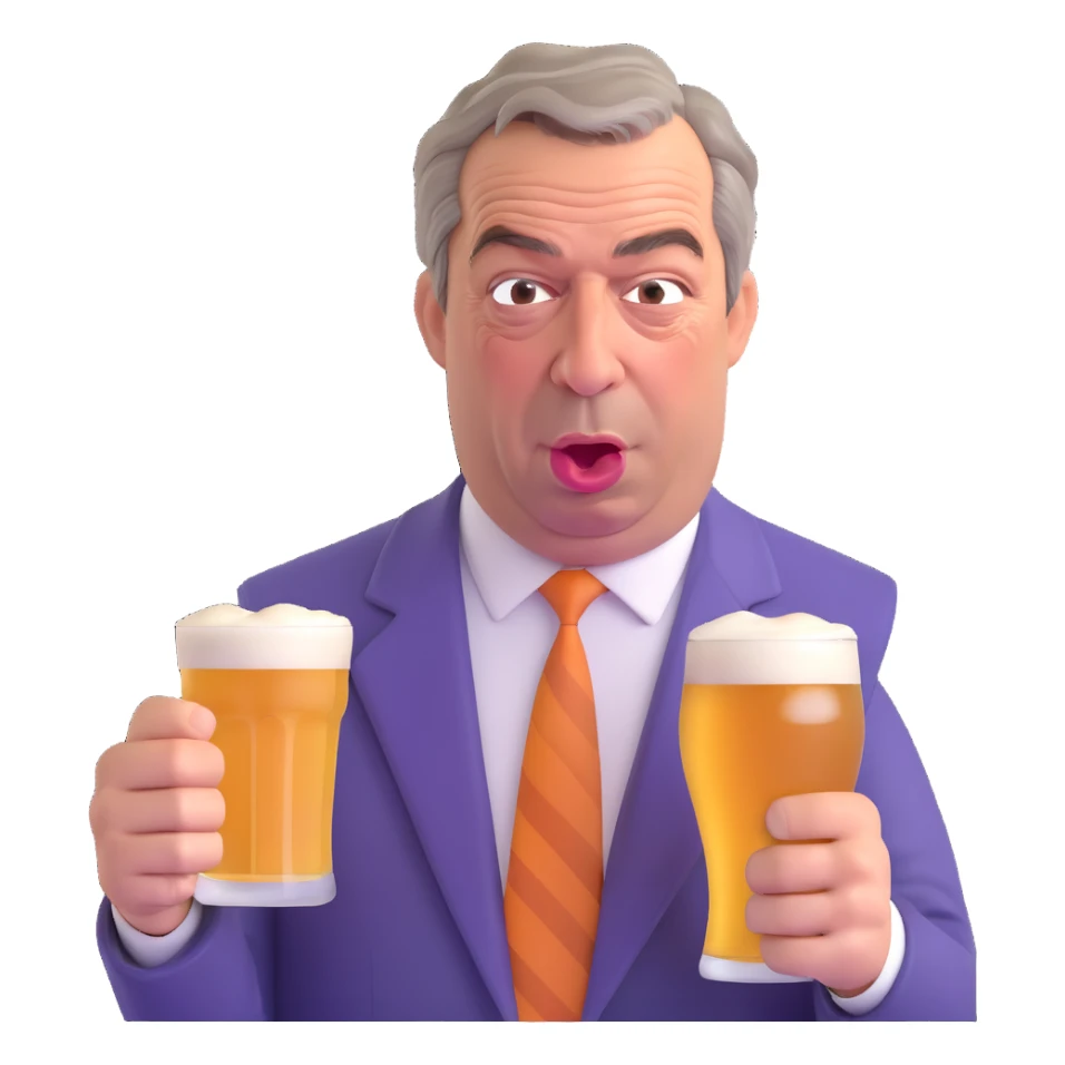 Make it funny: Nigel Farage looking grumpy but comically exaggerated, holding a pint of lager, in a 3D emoji style, with no background. sticker