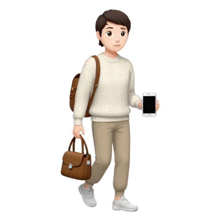 걷고 있는 사람
옷은 겨울에 어울리는 니트와 하의를 입었고 숄더백을 매었다.
머리카락 색깔은 어두운 갈색, 풀은 긴머리를 하고 있다 
귀에는 애플의 에어팟이 착용되어 있다 sticker