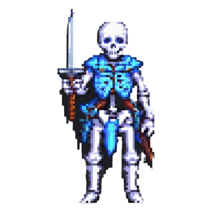 pixel art skeleton holding a sword, simple and bold design sticker