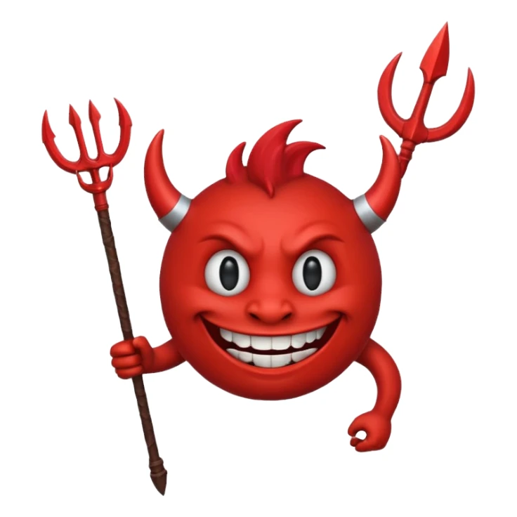 A red demon smiley face holding a trident sticker