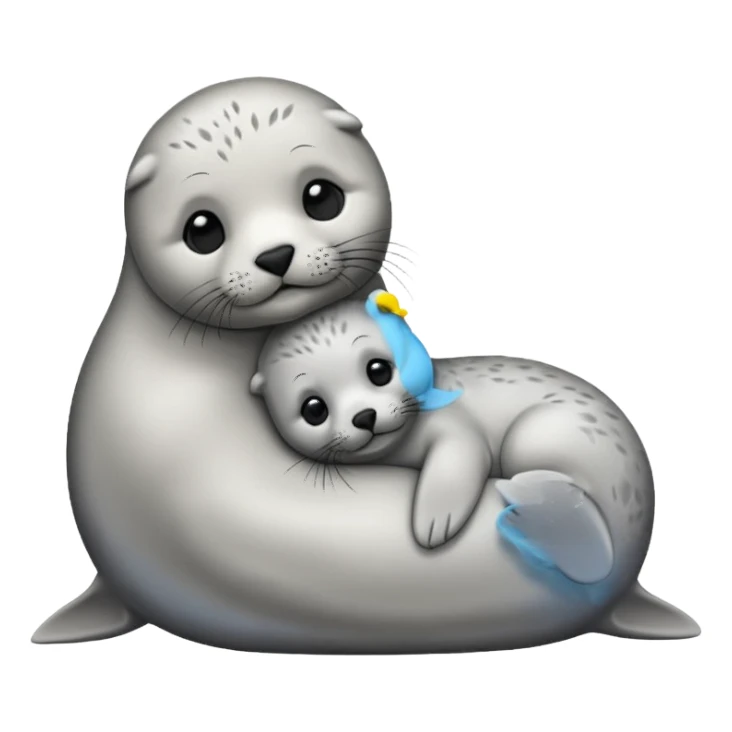 a seal pup cuddling with her mother, warm and affectionate, simple background, emoji style sticker