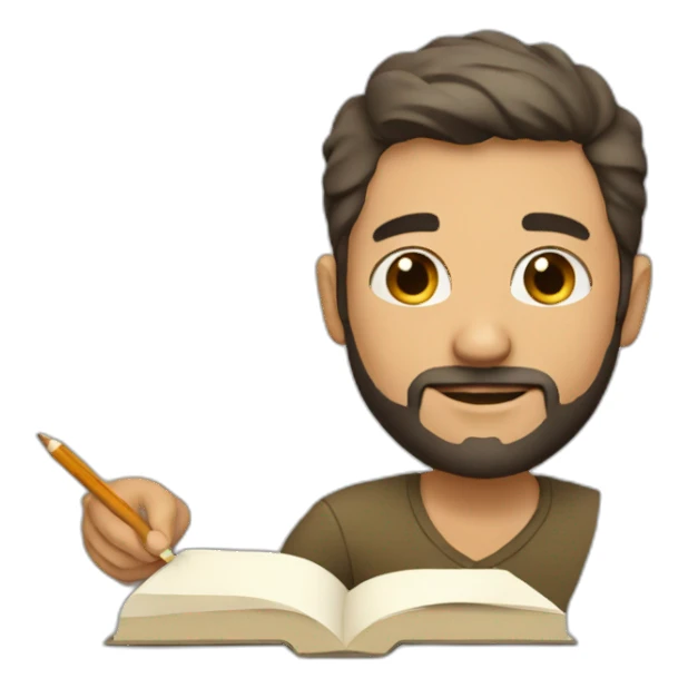 Short hair man with beard is writing sticker
