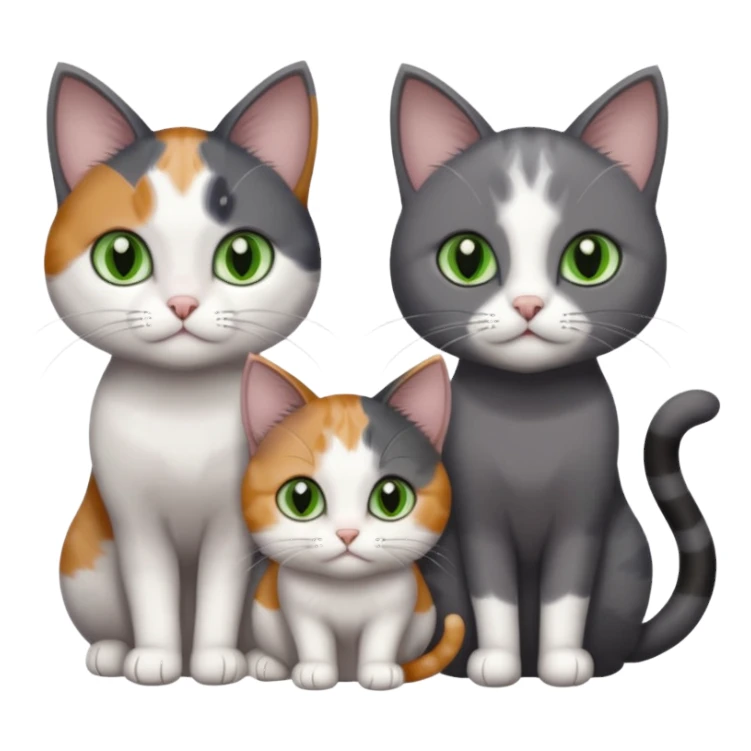 3 different coloured small cats including a dark grey and white, and a patchy calico with hazel eyes  and a completely solid dark grey with green eyes and only white paws sticker