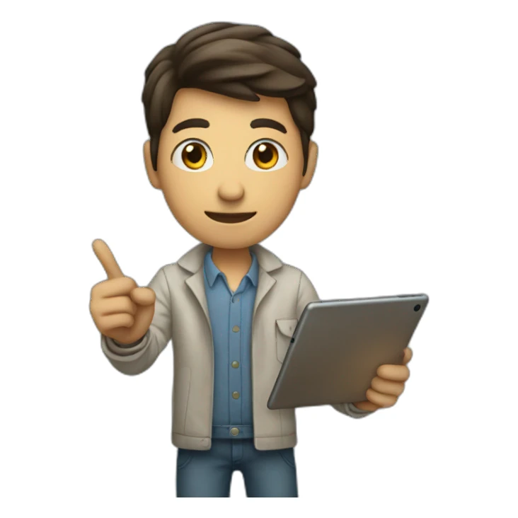 person holding an ipad, while pointing to it sticker