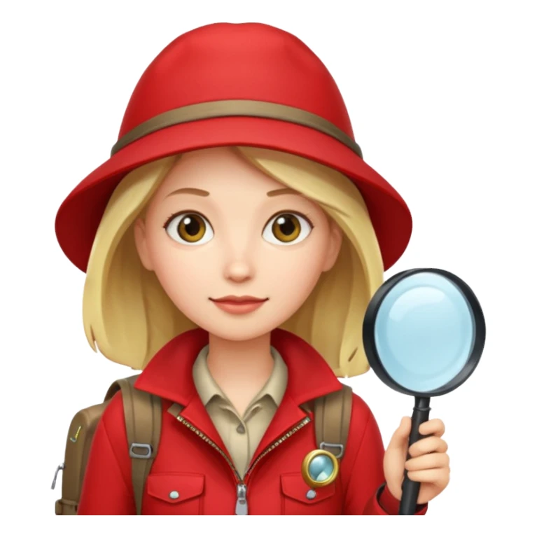 Explorer woman with red jacket backpack and magnifying glass sticker