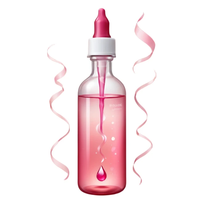 Translucent reddish-pink dropper bottle with white cap and minimal label, glowing softly. Floating in a faint red aura with swirling light ribbons and tiny peeling sparks lifting upward. by shimmer flakes, symbolizing cell renewal. Feels like a silky exfoliation elixir sealed in a potion vial  sticker