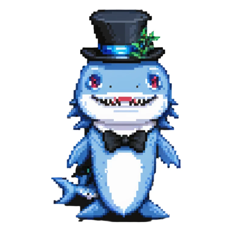 blue shark with a fancy black top hat sticker