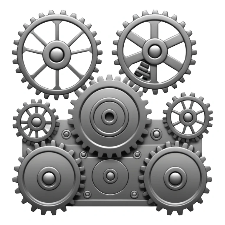 emoji-style card back greyscale, hypnotic symmetrical machine, moving gears cogs mechanical arms, single functioning device sticker