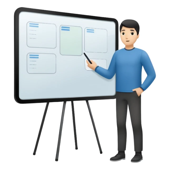 Minimalistic flat vector icon, iOS style, thin black contour on white background. Person silhouette with a project board (kanban/task board) behind. No text, no shadows.
 sticker