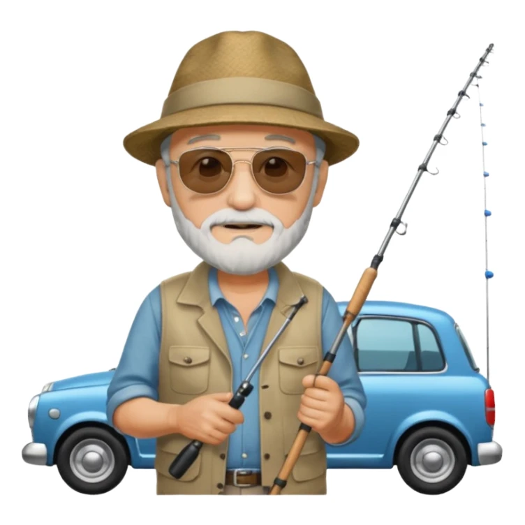 Открытка С Днем рождения дедушке с бородкой. ему 72 года. без текста. тема авто и рыбалка. sticker