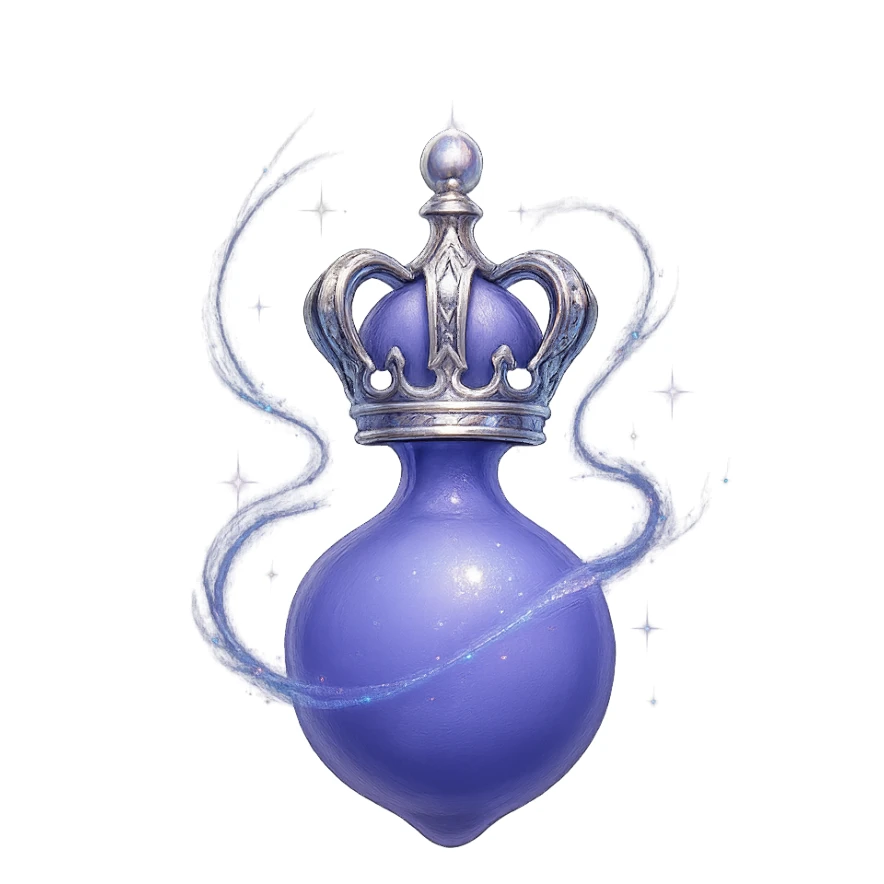 final ultra-luxurious very small elixir bottle inspired by a crown: crown shape on top, color #7986cb, bottom merges seamlessly into a rounded, closed bottle (not flat or glass-like), the whole bottle looks like it's floating and swirling in the air, elegant silver and iridescent details, magical glowing and sparkling effects, very small neck, seamless rounded bottom, transparent background, no base or shadow, modern, luxury collection style, even smaller bottle proportions sticker
