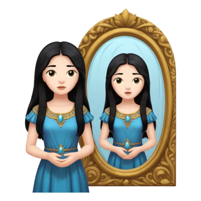 Woman facing ancient mirror, reflection slightly delayed and darker sticker