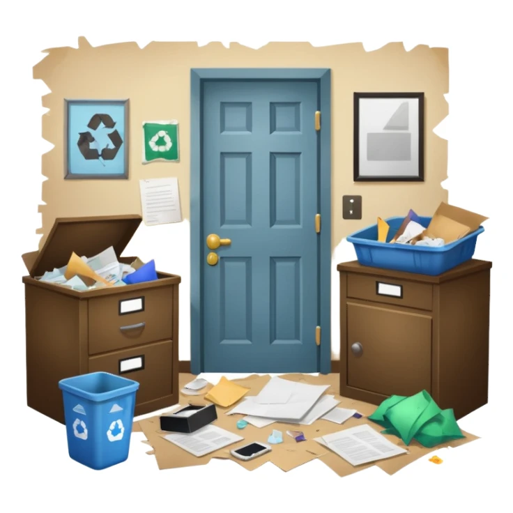 dirty room with papers and trash sticker