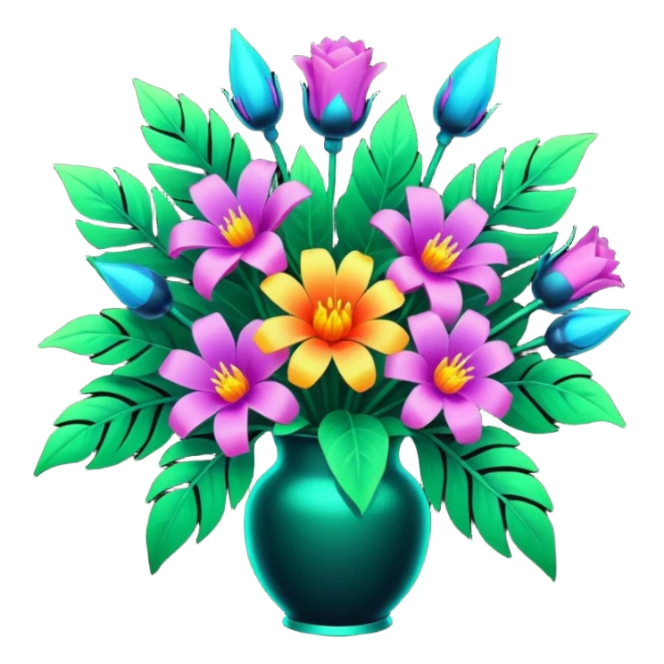  8k.quailty oversized beautiful, vivid? Different shaped, different types, glowing detailed cyberpunk style bouquet of flowers. Must have lush green leaves. Clean thin lines, smooth appearance, no emoji icons, no background, isolated, rendering. sticker
