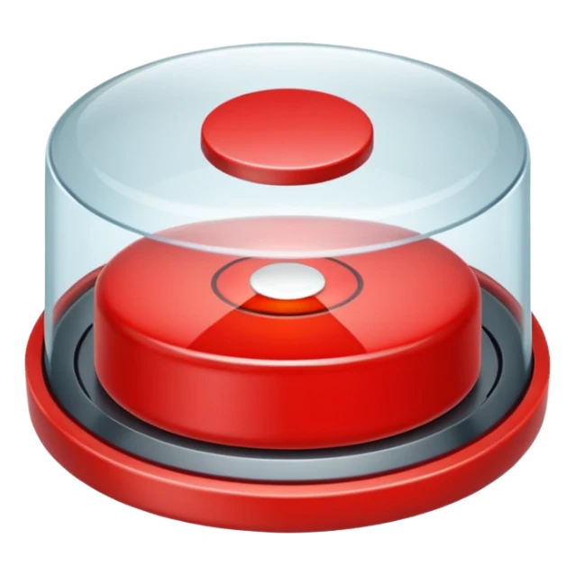 A big red round button on a button pad under a glass lid sticker