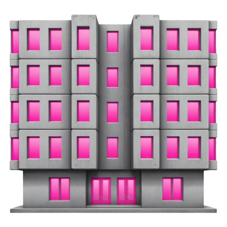 Brutalist gray concrete building with multiple windows where only one window glows bright pink and the rest are normal sticker