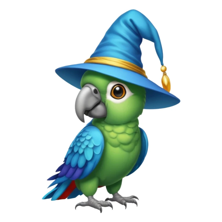 A cyan parrot with a wizard's hat sticker