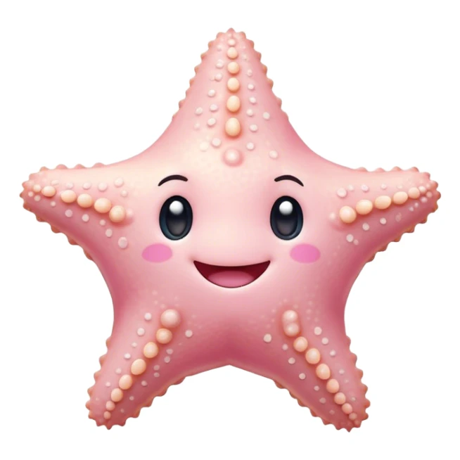 Cinematic cute round starfish, pastel pink, soft bumpy texture, tiny happy face, slightly tilted, glowing warmly, sparkling with gentle ocean magic. sticker