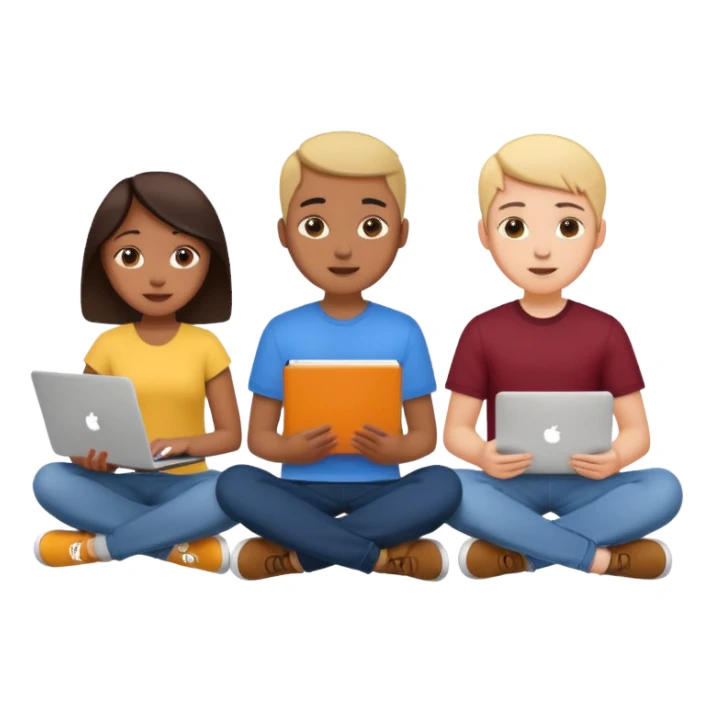 three design students sitting together with sketchbooks and laptops, creative sticker