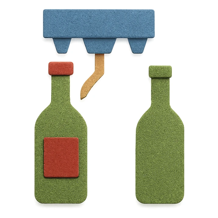icon representing the 'bottling' step in wine making process, paper craft style sticker