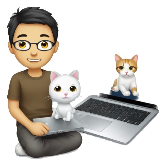 boy with cat, laptop, glass, asian sticker