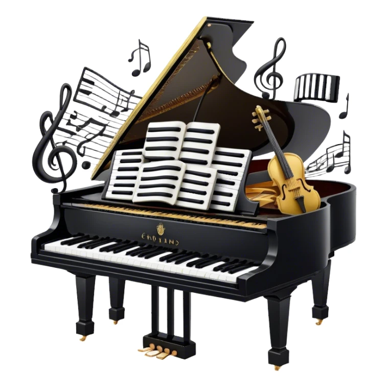 Create a sophisticated and celebratory emoji collage representing keyboard instruments, designed in the style of a coat of arms or crest. The design should feature a central, ornate grand piano with black and white keys, surrounded by a ribbon of musical notes. The ribbon should intertwine with a second ribbon made of black-and-white piano keys, creating a flowing, symmetrical pattern. Include delicate, elegant details such as the pedals of the grand piano, intricate woodwork, and the glossy, polished surface of the instrument. The musical notes should be swirling around the design in a harmonious, festive arrangement. Use gold, silver, and rich wood tones to evoke a sense of luxury and professionalism, with the black-and-white keys of the piano adding contrast. The background should remain transparent. sticker