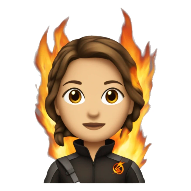 Katniss Everdeen behind fire with the mockingjay suit sticker