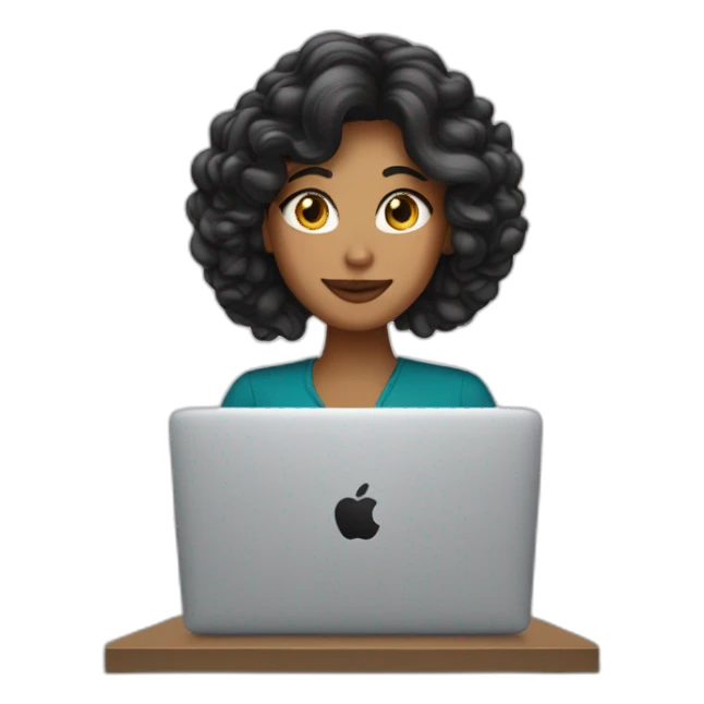 Mujer de cabello morocha con ondasde, trabajando con su macbook sticker