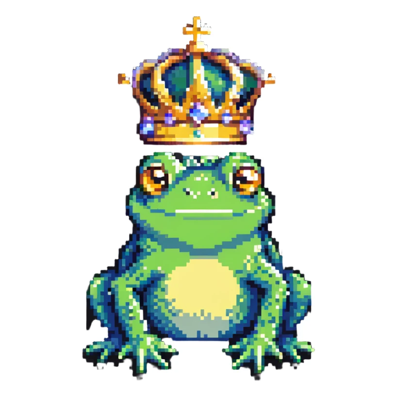 crowned frog in pixel art style sticker