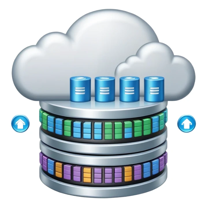 An icon featuring a database server, stacked data disks, and a cloud symbol, representing databases. The design includes binary code, a data structure diagram, and network connections, symbolizing data storage, management, and organization. Transparent background sticker