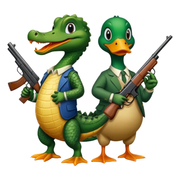Alligator and a duck holding a gun sticker
