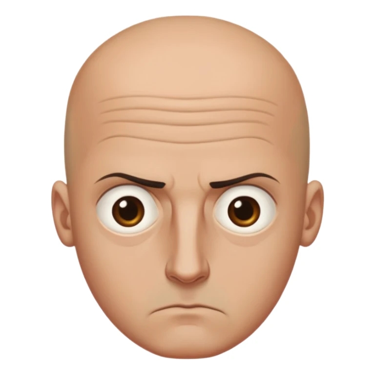 Steven Miller, bald, scowling expression, narrow rectangular head, bottom lip sticking out, eyelids almost closed and lower on the outside, very dark circles around eyes sticker