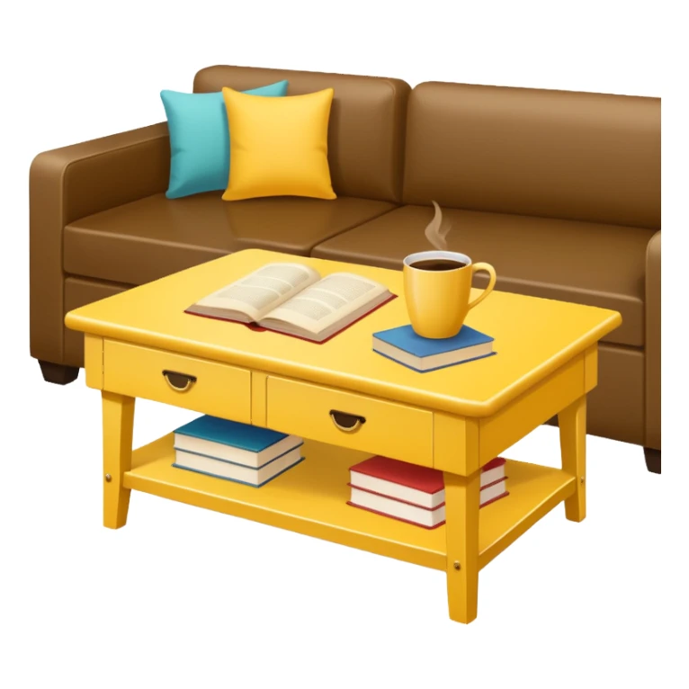 yellow coffe table, coffee on top, books under table
 sticker
