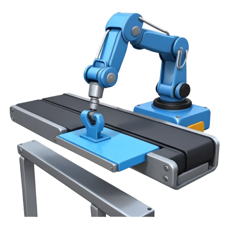 robot arm which is picking blue block on conveyor belt sticker