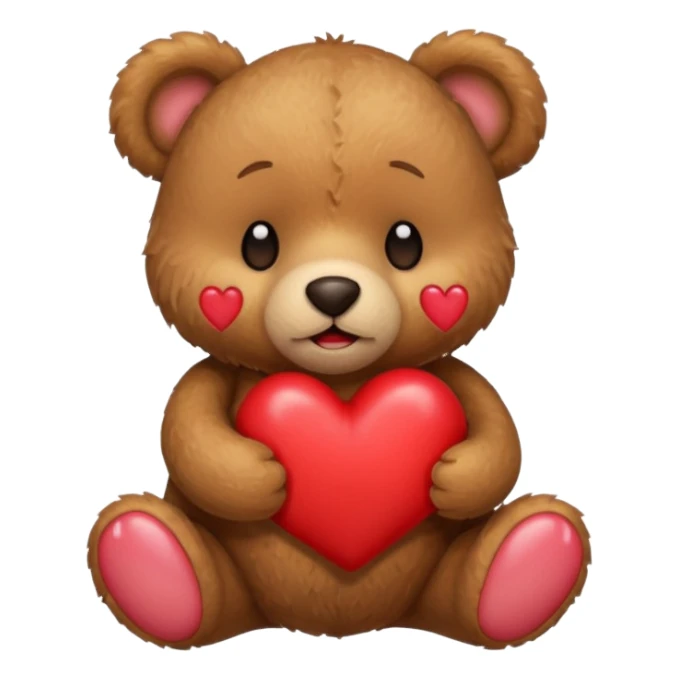 Brown teddy bear crying holding a red heart sticker