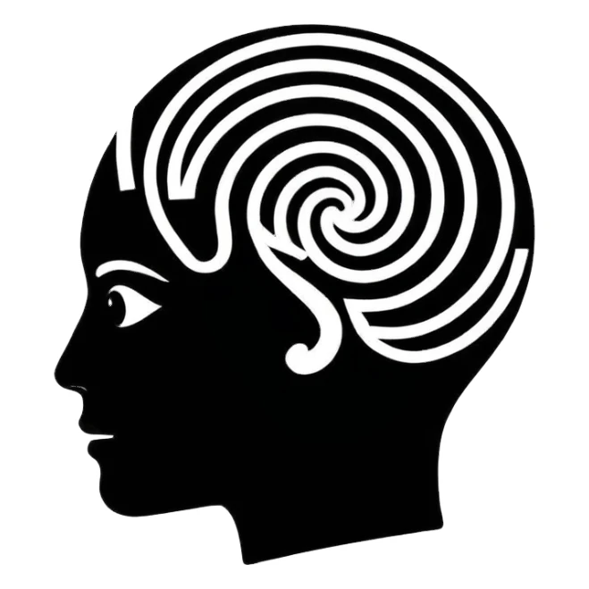 Minimalistic flat vector icon, iOS style, thin black contour on white background. Human head silhouette with spiral inside. Clean, no text, no shadows.
 sticker