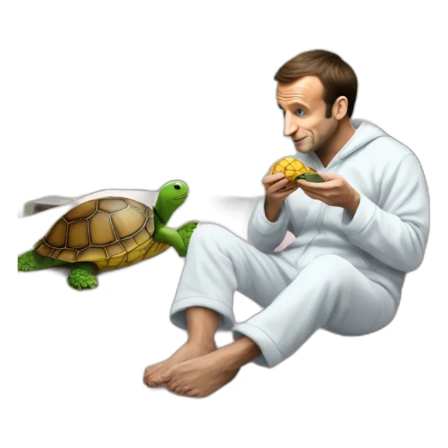 Emmanuel Macron in pajamas eating on a turtle sticker