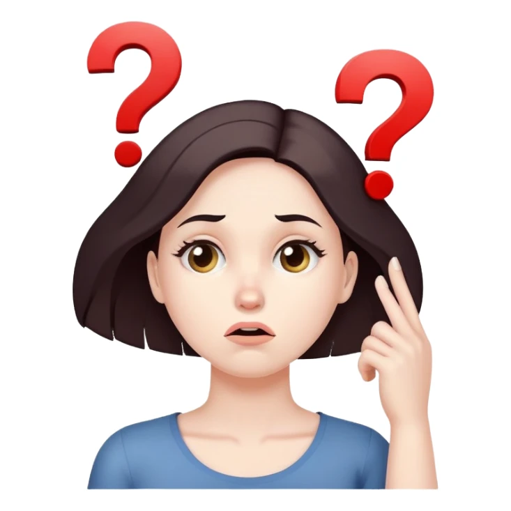 Woman with puzzled expression, scratching her head with a question mark sticker