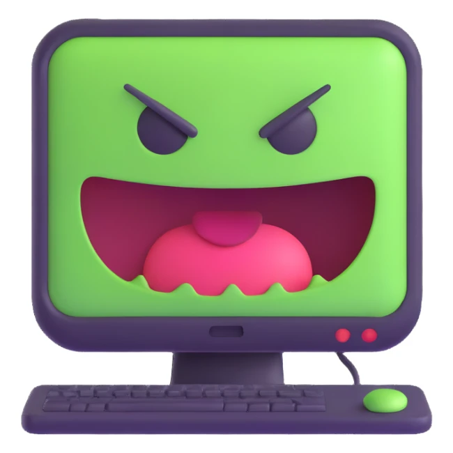 computer virus icon, cartoonish, with a mischievous face, playful style sticker