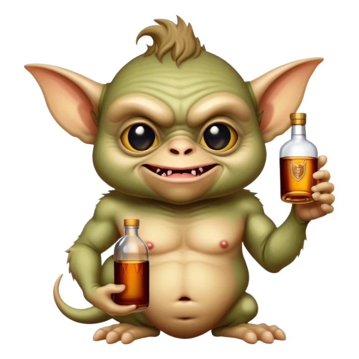 A ugly gremlin holding a Hennessy bottle sticker