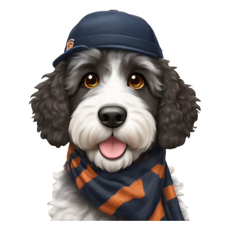 Bernedoodle with chicago bears hat and scarf sticker