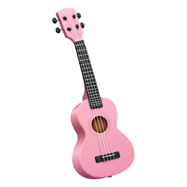 Minimalistic flat vector icon, iOS style, thin black contour on white background. Small pink ukulele with four strings. Clean, modern, no text, no shadows sticker