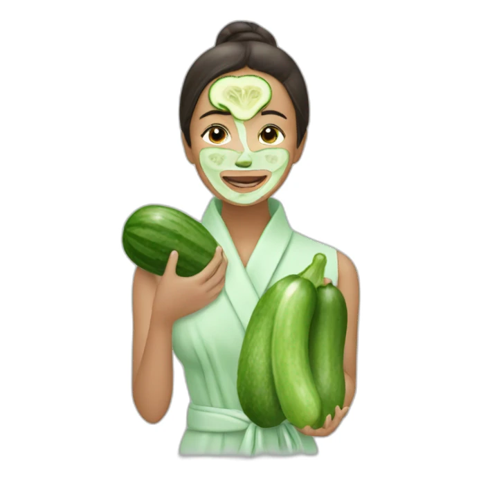 Girl with robe applying a cucumber mask sticker