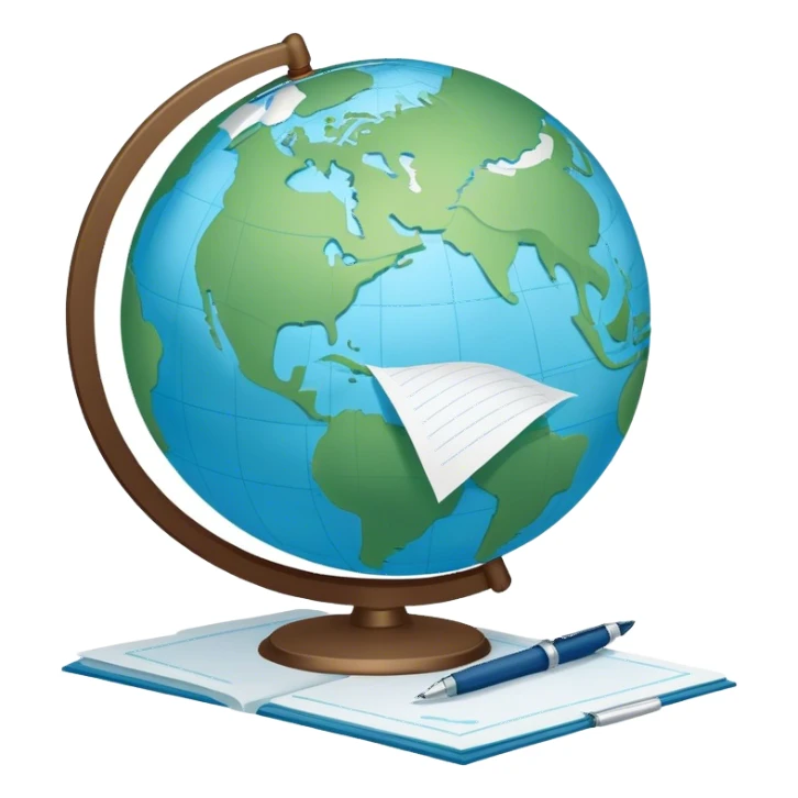Create an emoji representing language translation. The design should feature a single globe in the background, symbolizing international communication. In front of the globe, place two books or sheets of paper, with a pen nearby to indicate the act of writing. Use a clean and professional color palette with blues, greens, and neutral tones. Do not include any emojis or smiley faces. Make the background transparent sticker