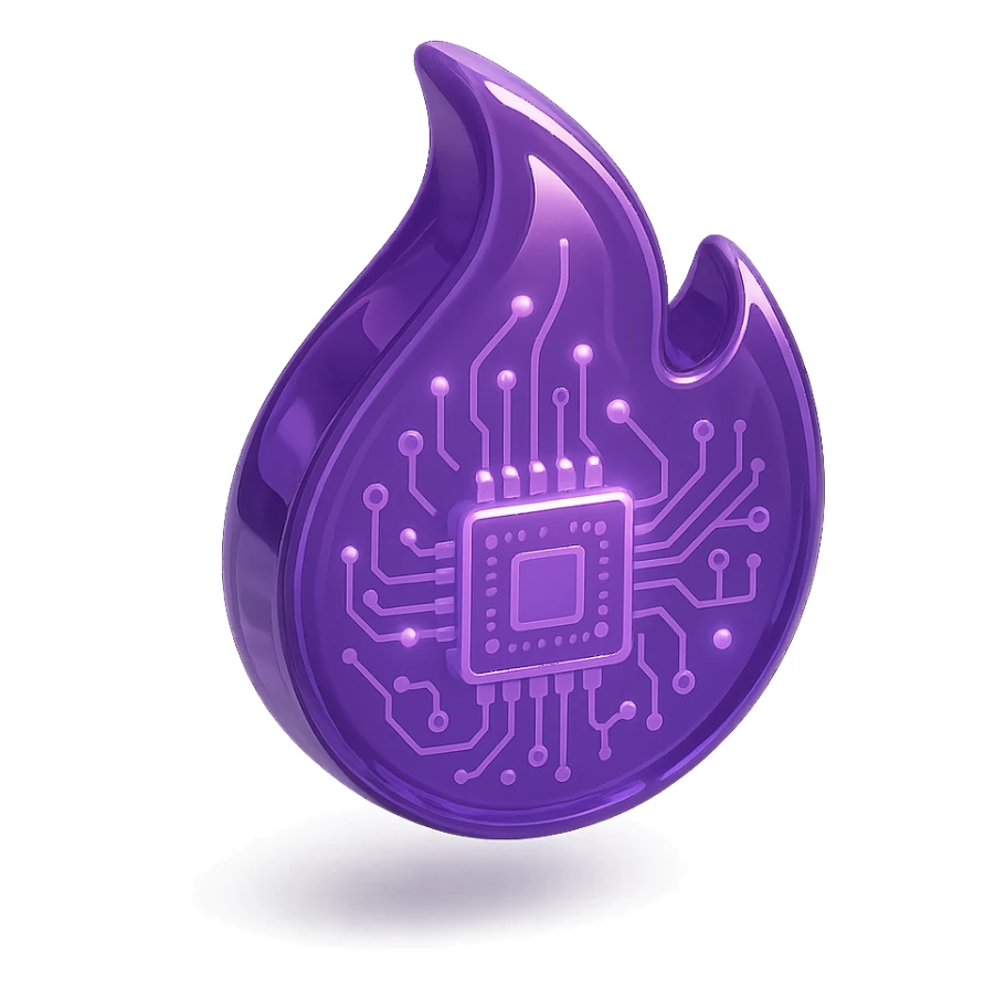 stylized purple flame, glowing, glossy circuit board details sticker