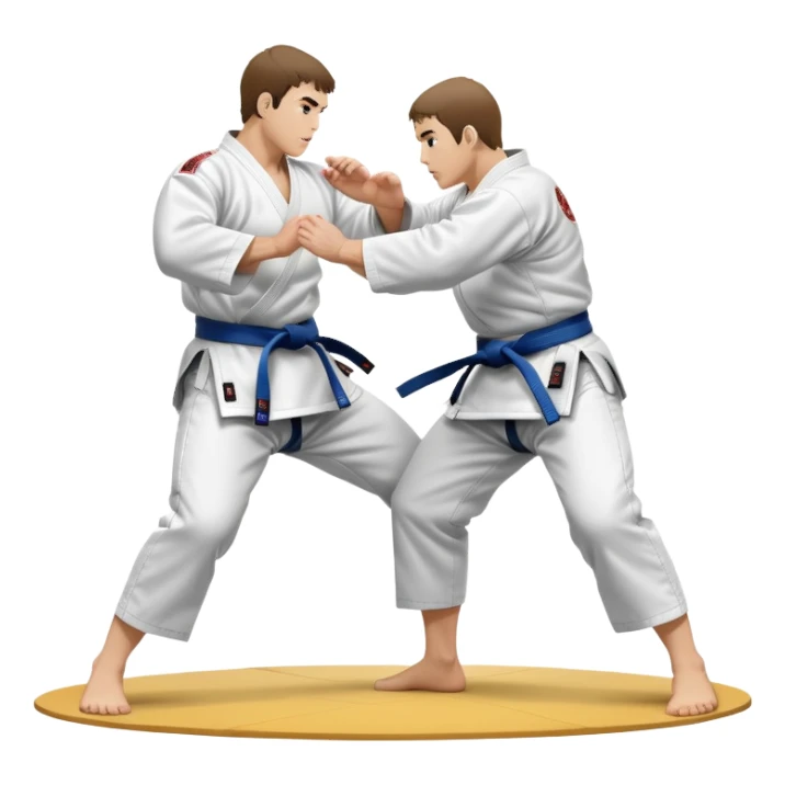 Two judo practitioners in traditional gi, one executing a powerful throw while the other is countering with a defensive move. The background features a judo mat and a focused dojo atmosphere. Transparent background highlights the precision and technique of judo. sticker