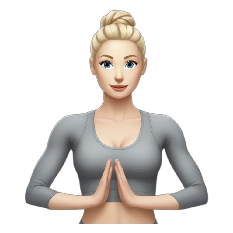 Pale skinned fit woman In a gray tight yoga suit and wristbands With ash blonde hair in a bun doing yoga with Blue eyes sticker