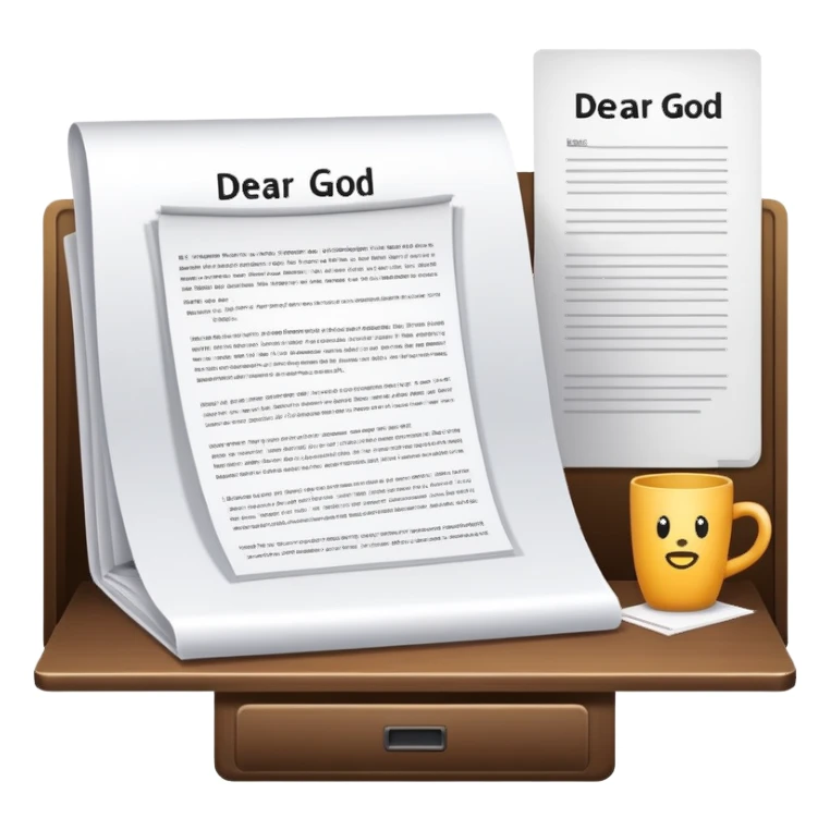 Desk with computer showing document that starts with "Dear God" sticker