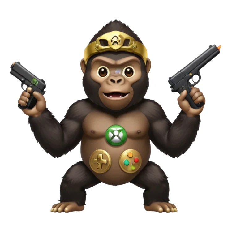 A gorilla holding a gun in the air with a Xbox controller  sticker