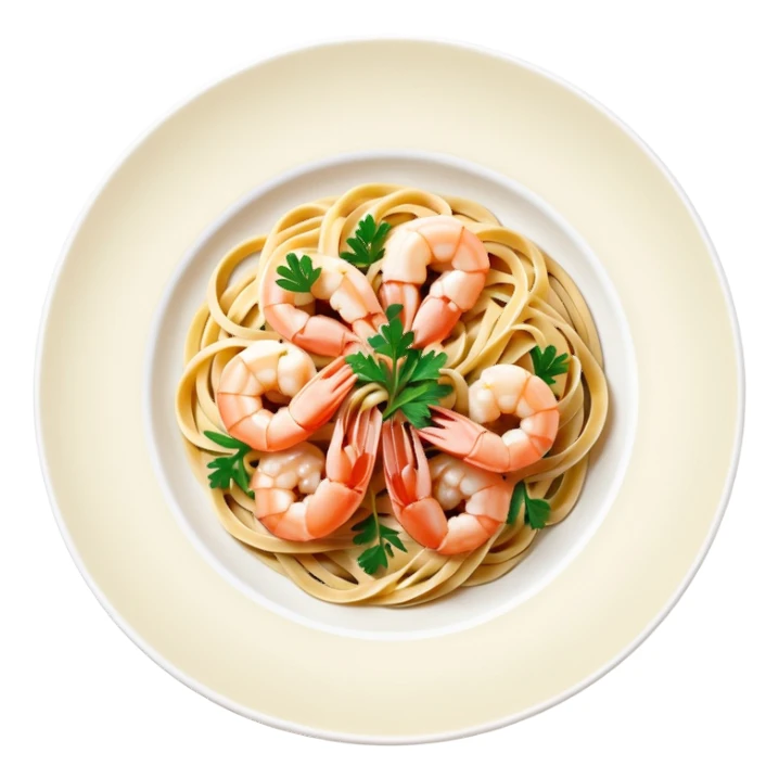 create a Whole Shrimp Linguini stylized thicker  with white plate Camera angle: slightly elevated top-down view with a gentle bird’s-eye perspective (about 15–20°), identical perspective and scaled do not add anything on plate


 sticker